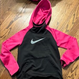 Nike girls small dri fit hoodie pink black with silver logo good condition